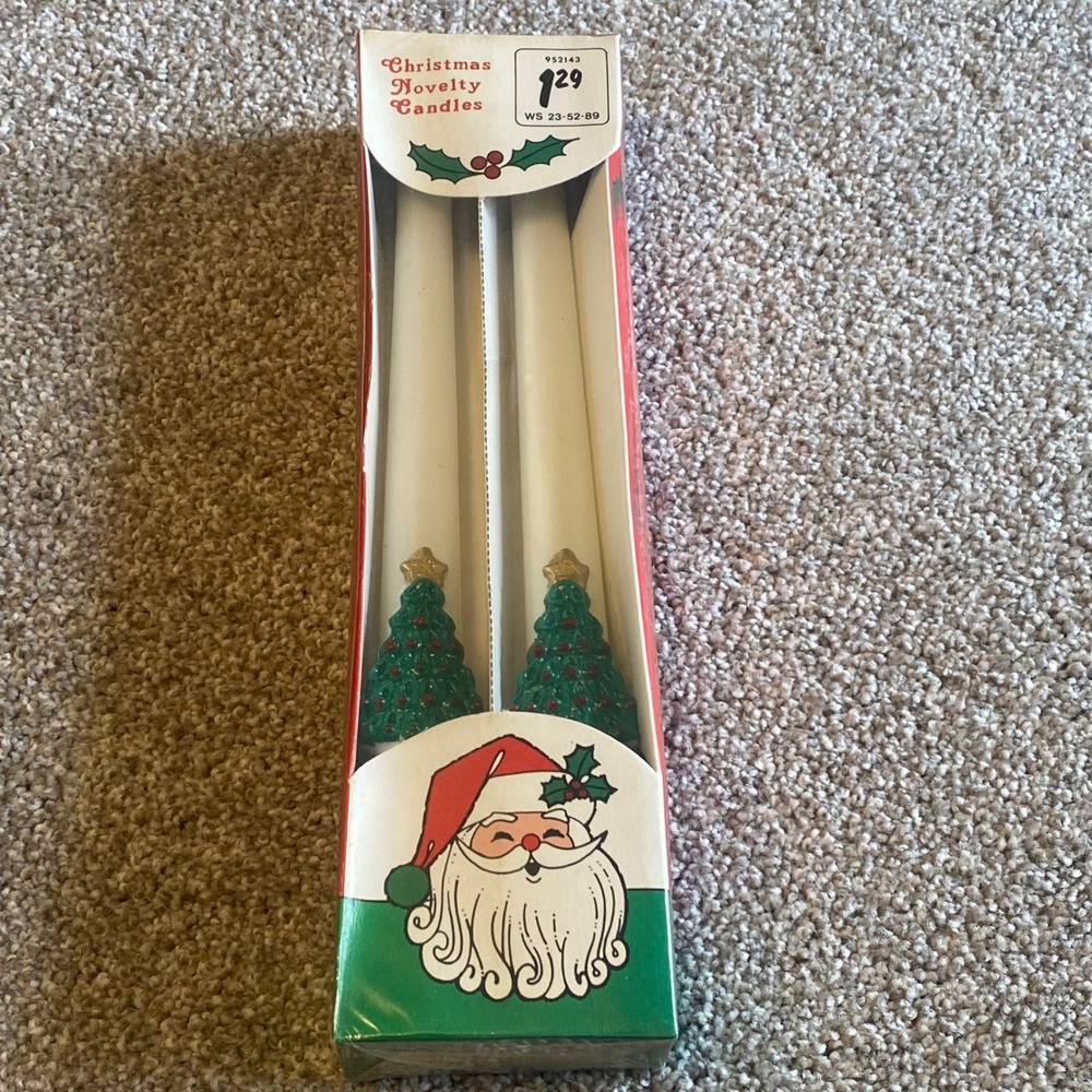 Vintage 1989 YDC‎ Christmas Novelty Candles 10 Inch Taper Set of 2 Tree Base NIB